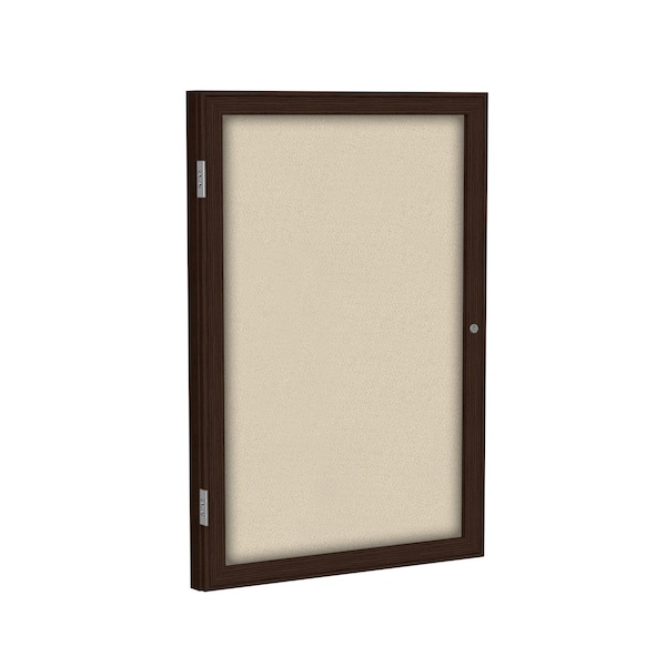 Enclosed Bulletin Board, 1 Door, Fabric, Walnut Frame, 2 ft H x 18 in W, Beige